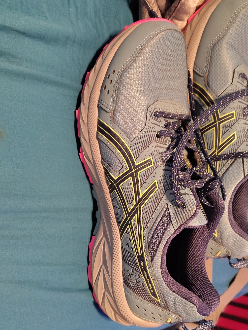 ASICS Light Blue ,Navy and Pink Sneakers with Yellow Accent Stripes